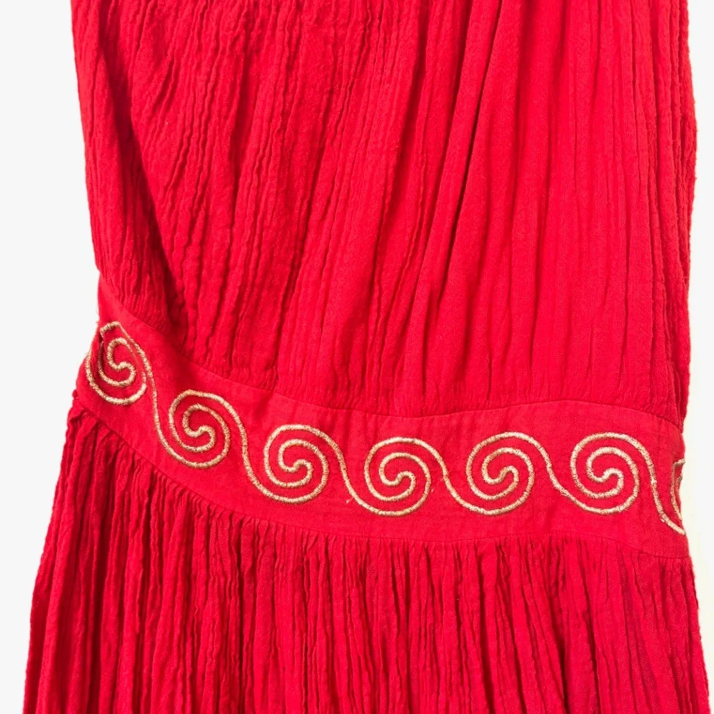 Super cute Grecian summer red cotton gauze one shoulder dress - Picture 2 of 5